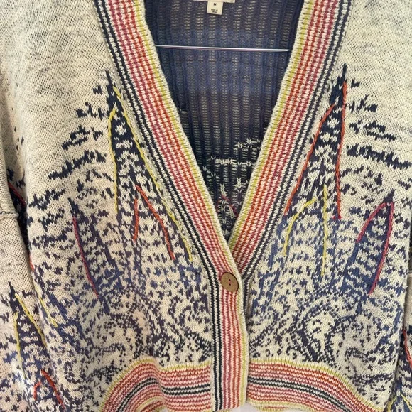 Pilcro Anthropology Cropped Cardigan Sweater Cream and Blue Medium - Picture 4 of 11
